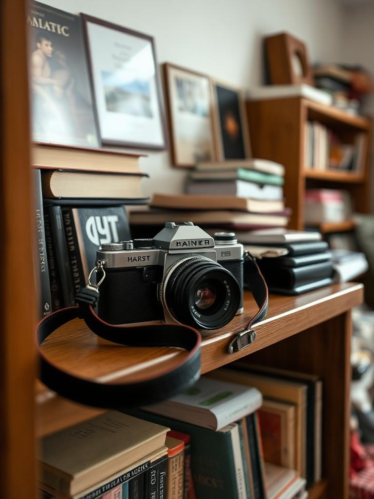 A quick phone photo of a film camera on a shelf at home