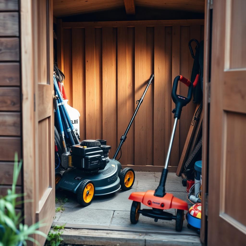 A lawnmower and strimmer in a garden shed